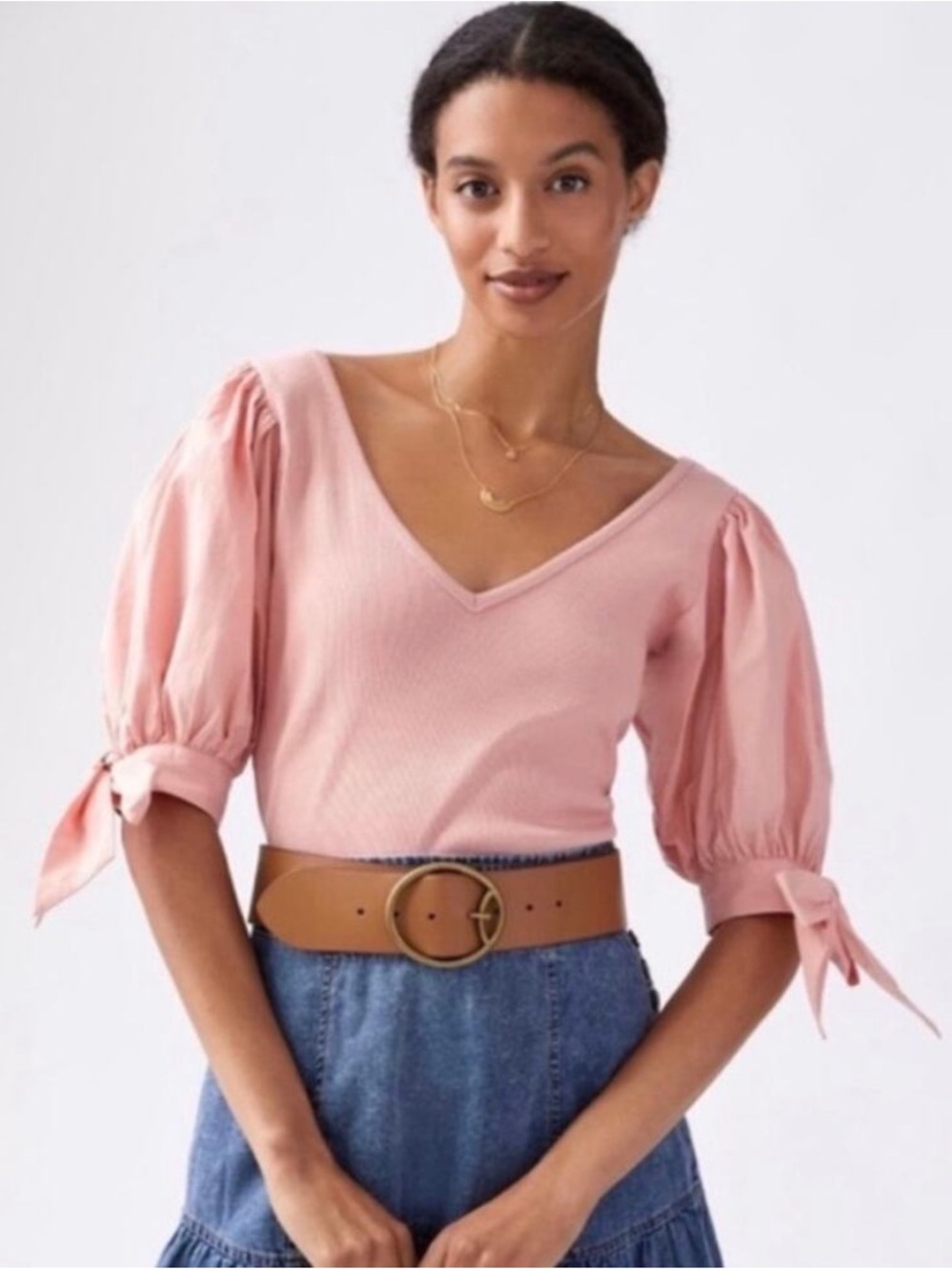 Anthropologie Maeve Ribbed V Neck Puff Sleeve Top Pink Sz M